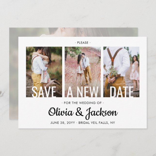 4 Photo Simple Modern Wedding Postponement Change Save The Date (Front/Back)