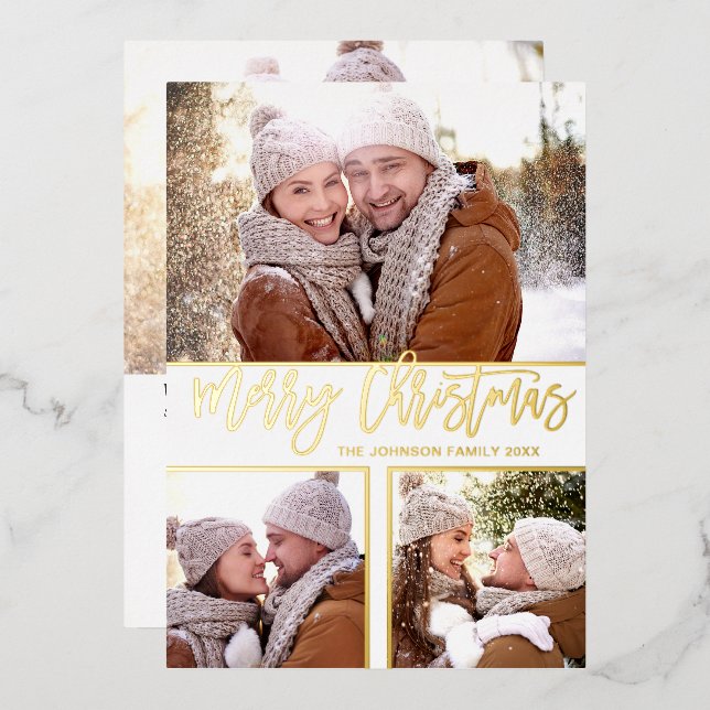 4 PHOTO Simply Elegant Sparkle Christmas Gold Foil Holiday Card (Front/Back)