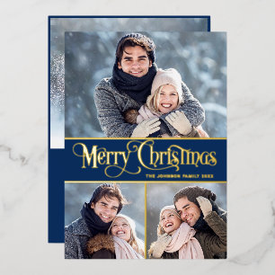 4 PHOTO Simply Elegant Sparkle Christmas Gold Foil Holiday Card