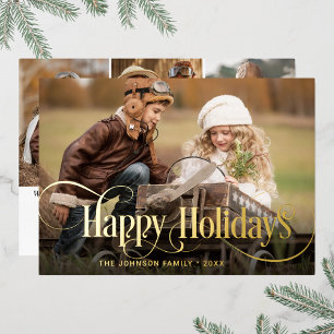 4 PHOTO Simply Elegant Sparkle Christmas Gold Foil Holiday Card