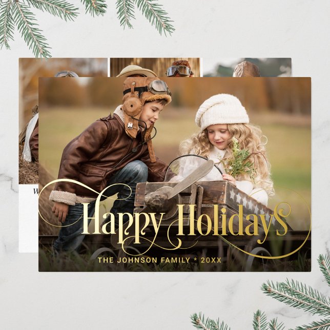 4 PHOTO Simply Elegant Sparkle Christmas Gold Foil Holiday Card (Creator Uploaded)