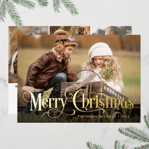 4 PHOTO Simply Elegant Sparkle Christmas Gold Foil Holiday Card