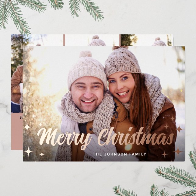 4 PHOTO Sparkle Christmas Greeting Rose Gold Foil Holiday Card (Creator Uploaded)