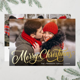 4 PHOTO Sparkle Merry Christmas Greeting Gold Foil Holiday Card
