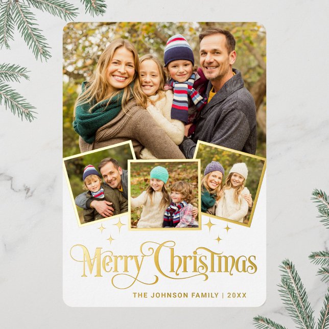 4 PHOTO Sparkle Merry Christmas Greeting Gold Foil Holiday Card (Creator Uploaded)