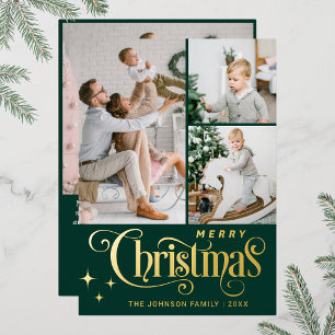 4 PHOTO Sparkle Merry Christmas Greeting Gold Foil Holiday Card
