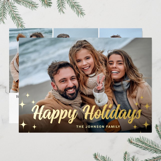 4 PHOTO Sparkle Merry Christmas Greeting Gold Foil Holiday Card (Creator Uploaded)