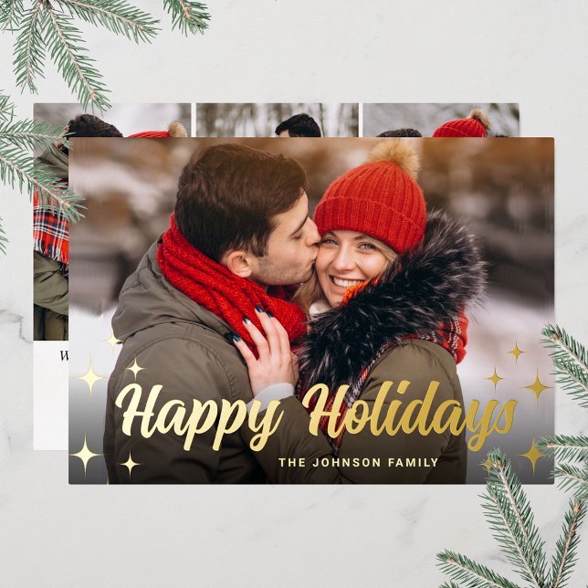 4 PHOTO Sparkle Merry Christmas Greeting Gold Foil Holiday Card (Customizable Christmas holiday greeting photo card with real foil print.)