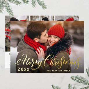 4 PHOTO Sparkle Merry Christmas Greeting Gold Foil Holiday Card