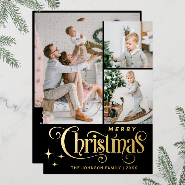 4 PHOTO Sparkle Merry Christmas Greeting Gold Foil Holiday Card (Real foil print Christmas holiday greeting card.)