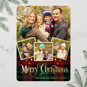 4 PHOTO Sparkle Merry Christmas Greeting Gold Foil Holiday Card