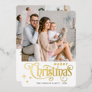 4 PHOTO Sparkle Merry Christmas Greeting Gold Foil Holiday Card