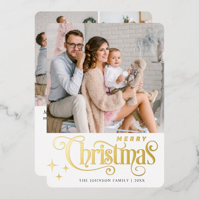 4 PHOTO Sparkle Merry Christmas Greeting Gold Foil Holiday Card (Front/Back)