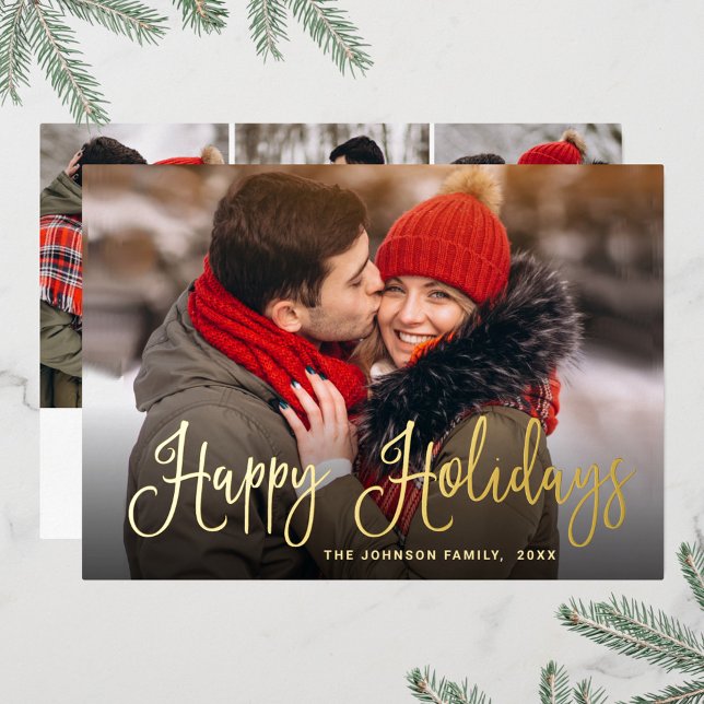 4 PHOTO Sparkle Modern Christmas Greeting Gold Foil Holiday Card (Creator Uploaded)