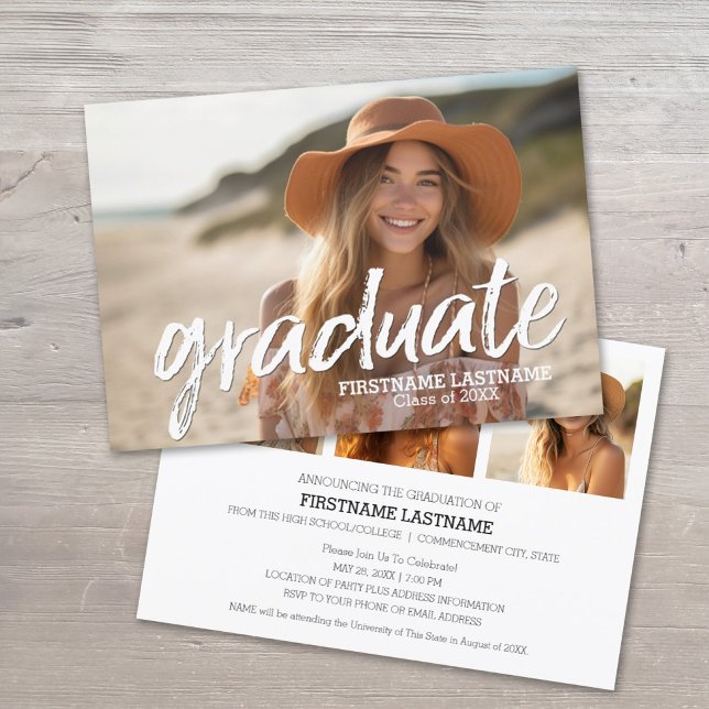4 Photo Trendy Grad Script Graduation Announcement (Graduation Announcement and Party Invite)