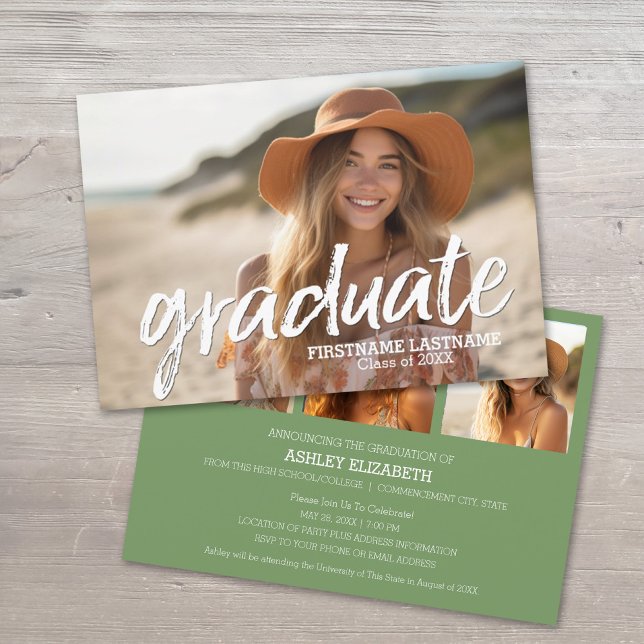 4 Photo Trendy - Green Graduation Party Invitation (Graduation Announcement with Party Invite and 3 Photos)