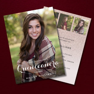 4 Photo Trendy Pink Quinceañera Birthday Party Invitation