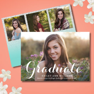 4 Photo Trendy Teal Blue Chic Graduation Party Invitation