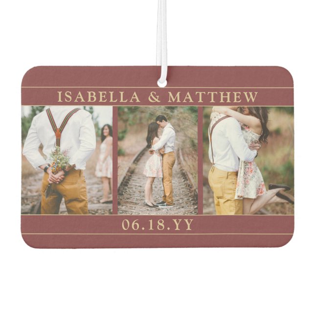 4 Photo Wedding Collage Burgundy Red & Gold Heart Car Air Freshener (Front)