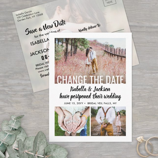 4 Photo Wedding Postponement | Save the New Date Announcement Postcard (Creator Uploaded)