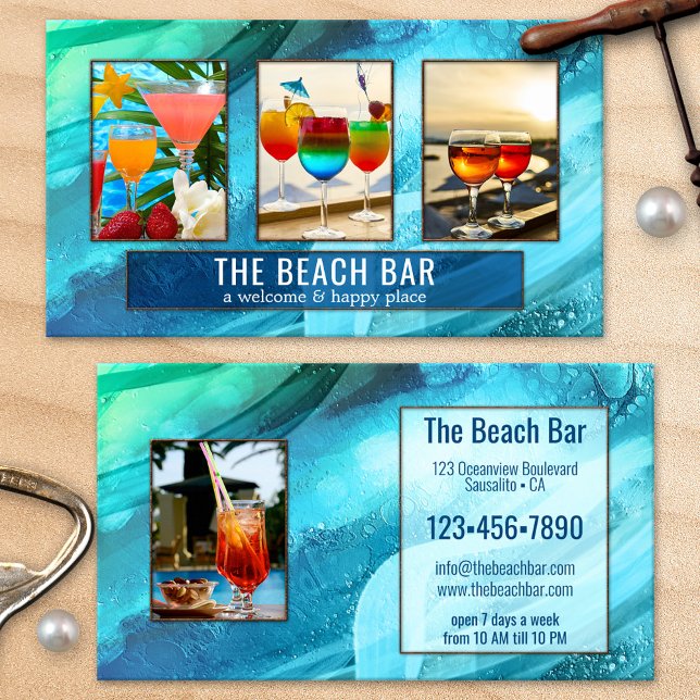 4 Photos Artistic Turquoise Beach Bar Portfolio Business Card (Creator Uploaded)