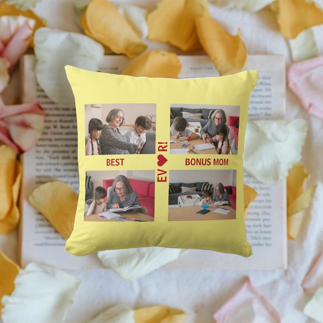 4 Photos Best Bonus Mum Ever Heart Photo Collage  Cushion (Best Bonus Mom EVER! Heart. 4 photos. Modern, elegant Mother's Day gift for Stepmom / Second Mom)