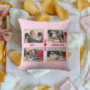 4 Photos Best Bonus Mum Ever Heart Photo Collage  Cushion