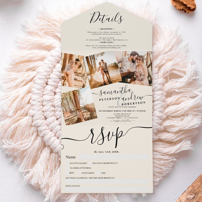 4 Photos black ivory modern script wedding All In One Invitation (Creator Uploaded)