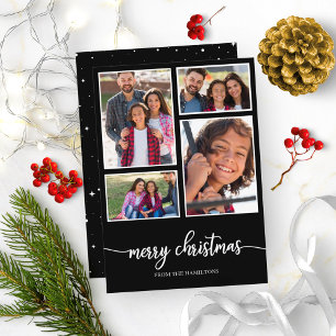 4 Photos Collage Cute Script Merry Christmas Black Invitation