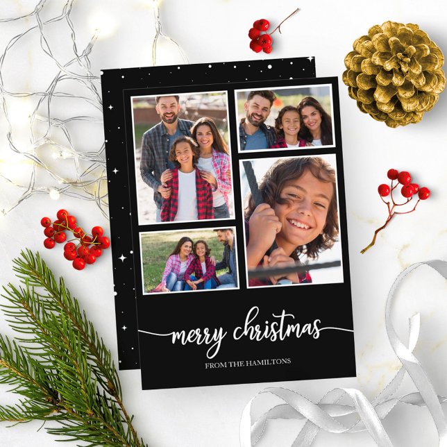4 Photos Collage Cute Script Merry Christmas Black Invitation (Creator Uploaded)