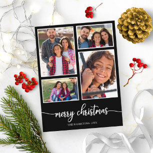 4 Photos Collage Cute Script Merry Christmas Black Postcard