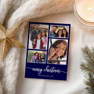 4 Photos Collage Elegant Merry Christmas Blue Postcard