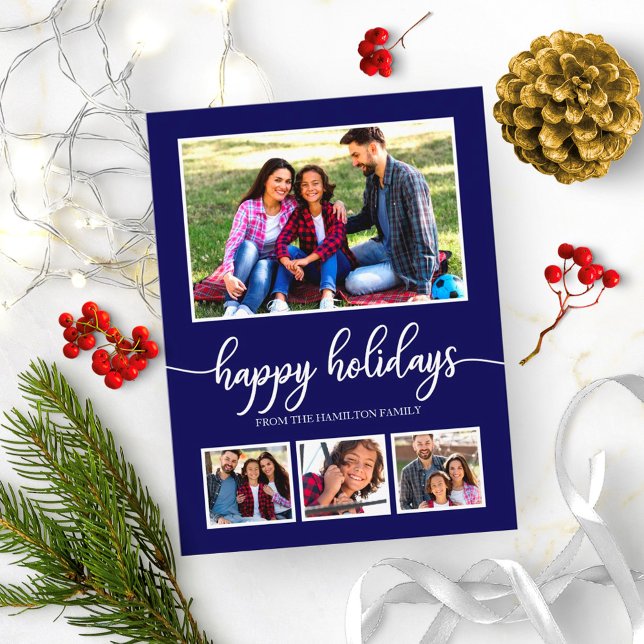 4 Photos Collage Happy Holidays Modern Blue Postcard (Creator Uploaded)