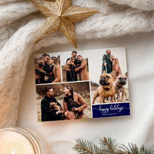 4 Photos Collage Happy Holidays Modern Navy Blue Postcard