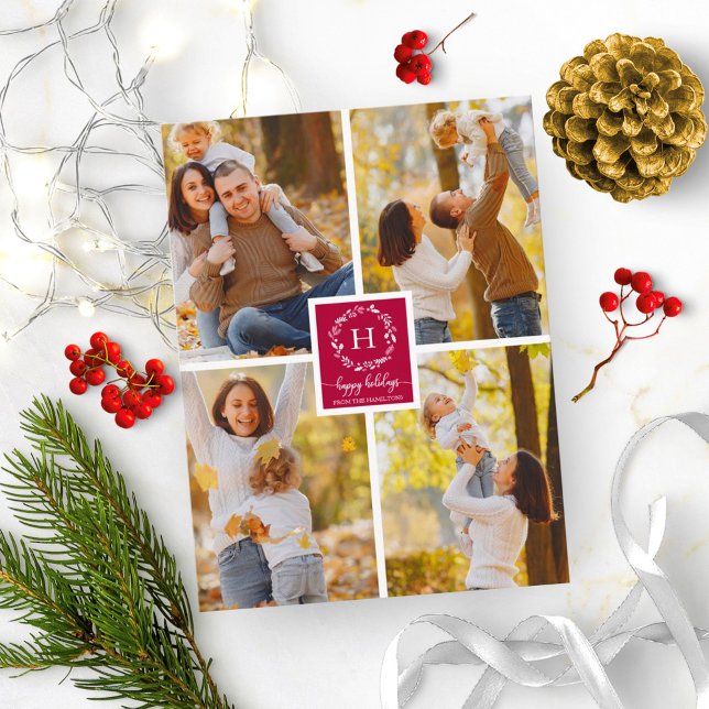 4 Photos Collage Monogram Happy Holidays Christmas Postcard (Creator Uploaded)