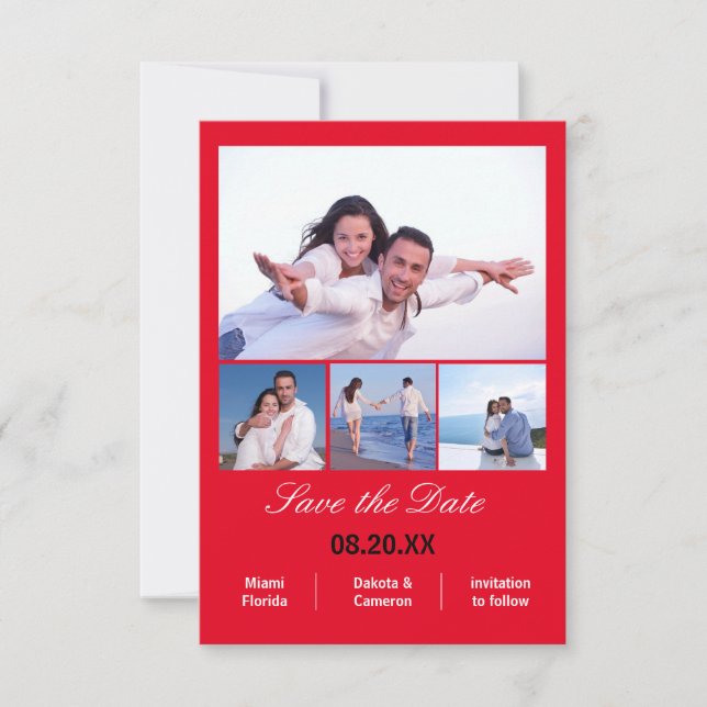 4 Photos Collage Vertical - 3x5 Red Save the Date (Front)