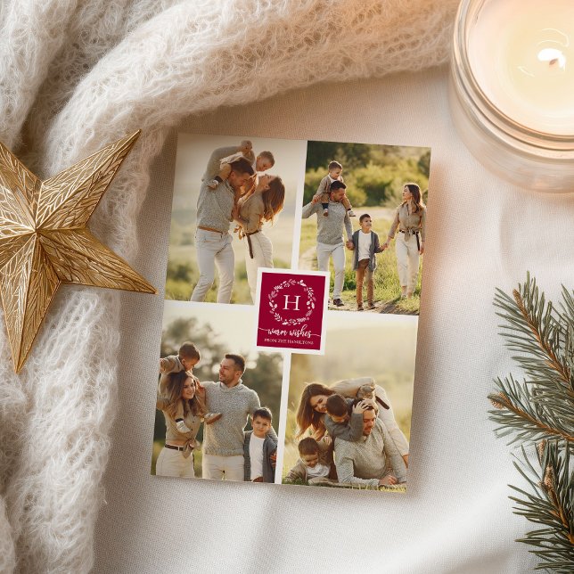 4 Photos Collage Warm Wishes Christmas Monogram Postcard (Creator Uploaded)
