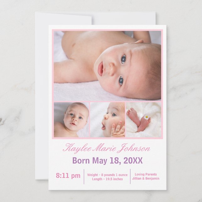 4 Photos Collage White/Pink - Birth Announcement (Front)