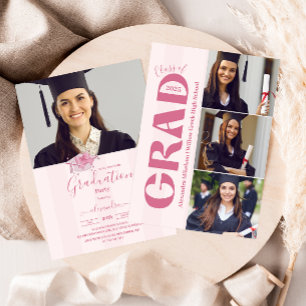 4 Photos Coquette Pink Bow Graduation Party Invitation