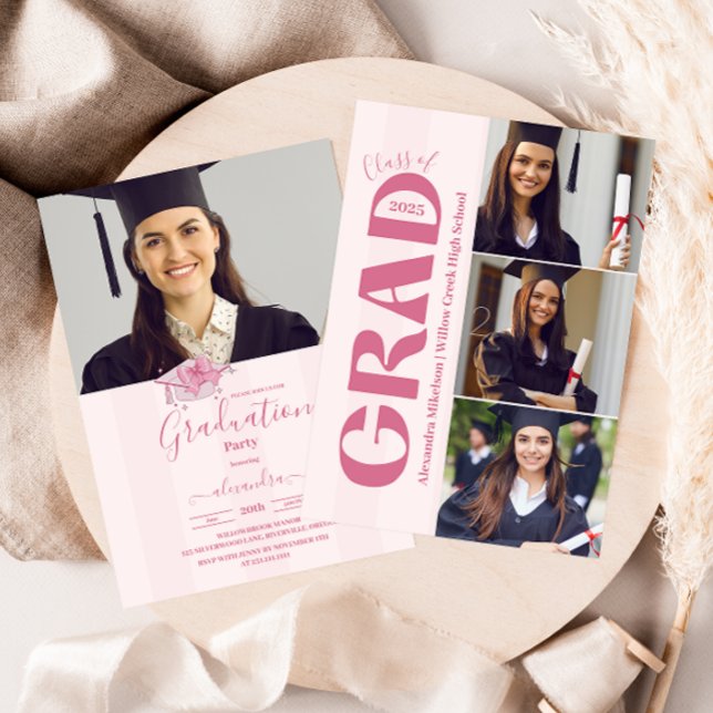 4 Photos Coquette Pink Bow Graduation Party Invitation (Creator Uploaded)
