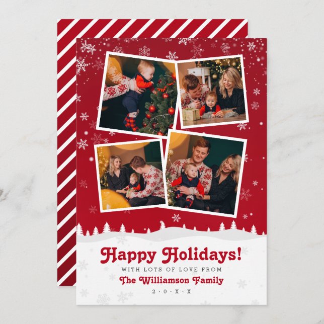 4 Photos | Cute Red & White Christmas Trees & Snow Invitation (Front/Back)