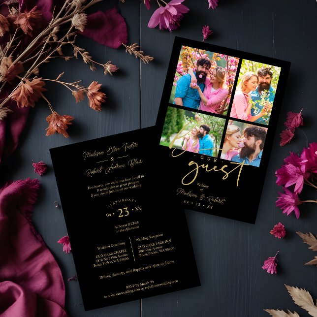 4 photos Fake Golden Black Trendy Collage Wedding Invitation (4 photos Fake Golden Black Trendy Collage Wedding Invitation Card with Envelope. )