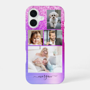 4 Photos, Faux Brushed Purple Metal, Glitter, Name iPhone 16 Case
