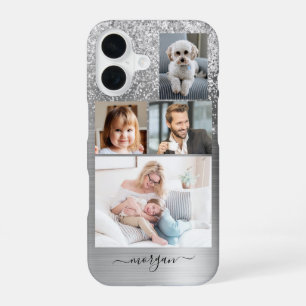 4 Photos, Faux Brushed Silver Metal, Glitter, Name iPhone 16 Case
