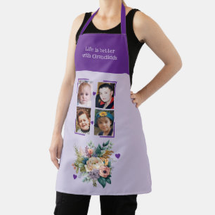 4 photos grandchildren floral purple apron