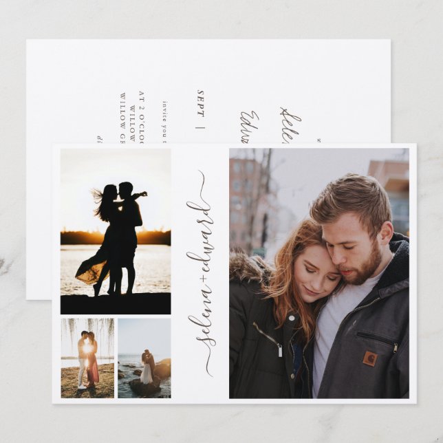 4 Photos Grid Metallic Silver Script Wedding Invitation (Front/Back)