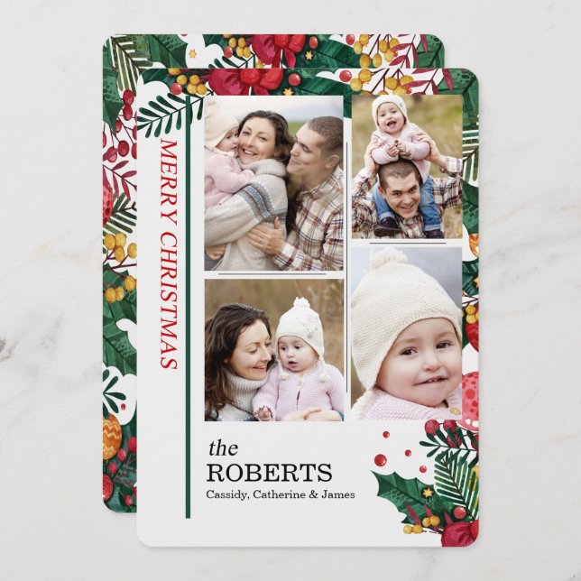 4 Photos Holly and Berries Christmas Holiday Card (Front/Back)