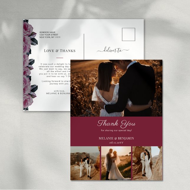 4 Photos Pink Romantic Floral Thank You Postcard (4 Photos Pink Romantic Floral Thank You Postcard)