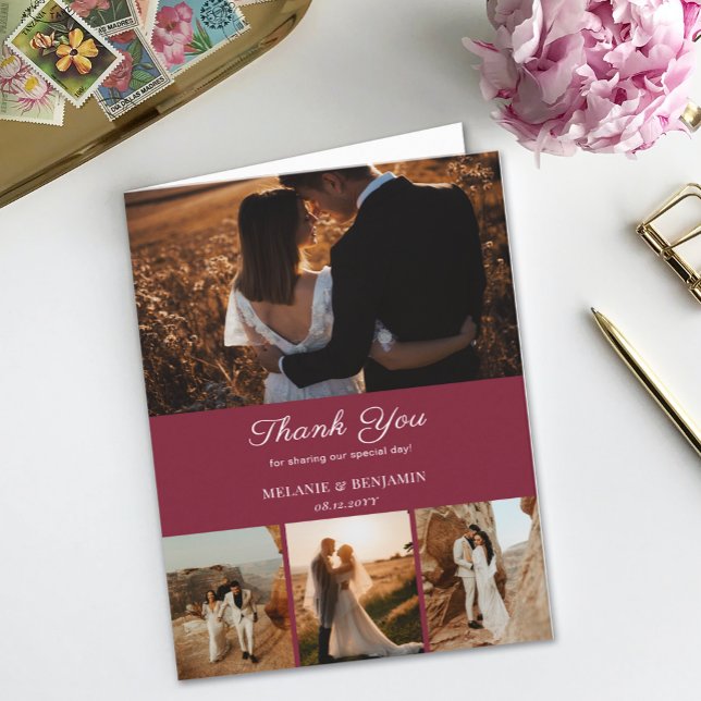 4 Photos Rose Pink Romantic Flower Thank You Card (4 Photos Rose Pink Romantic Flower Thank You Card)