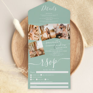 4 Photos sage green modern script wedding All In One Invitation